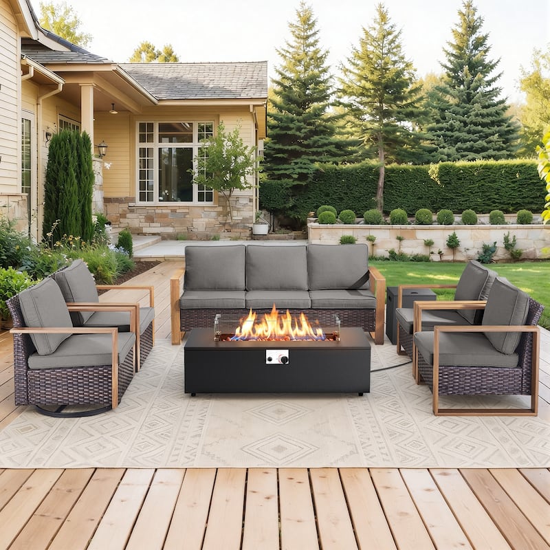 Meyreso Wicker Outdoor Patio Fire Pit Set with Swivel Gliders and 4.5-Inch Olefin Cushions