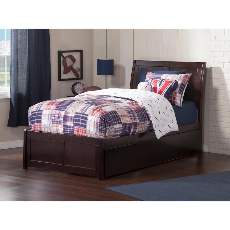 Platform Bed with Trundle - Twin Size, Walnut Finish - Modern Bedroom Furniture Set with Footboard