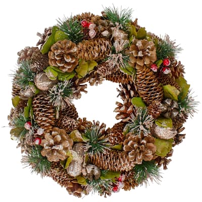 Green and Brown Frosted Pinecones and Bells Christmas Wreath - 13" Unlit