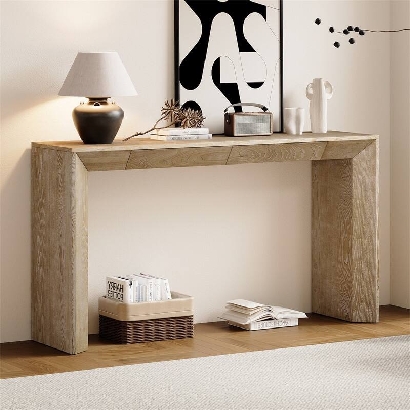 Farmhouse Console Table with 2 Concealed Drawers, Waterfall Edge Design Entryway Table Sofa Table with Thickened Legs - Natural