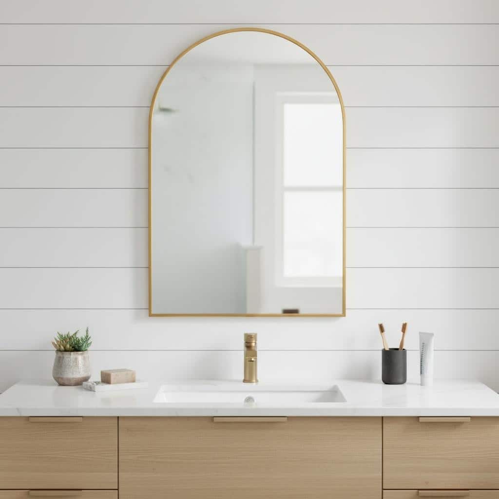 HomeRoots 36" Gold Metal Arch Framed Bathroom Vanity Mirror - 24.00 in. x 36.00 in. x 2.00 in.