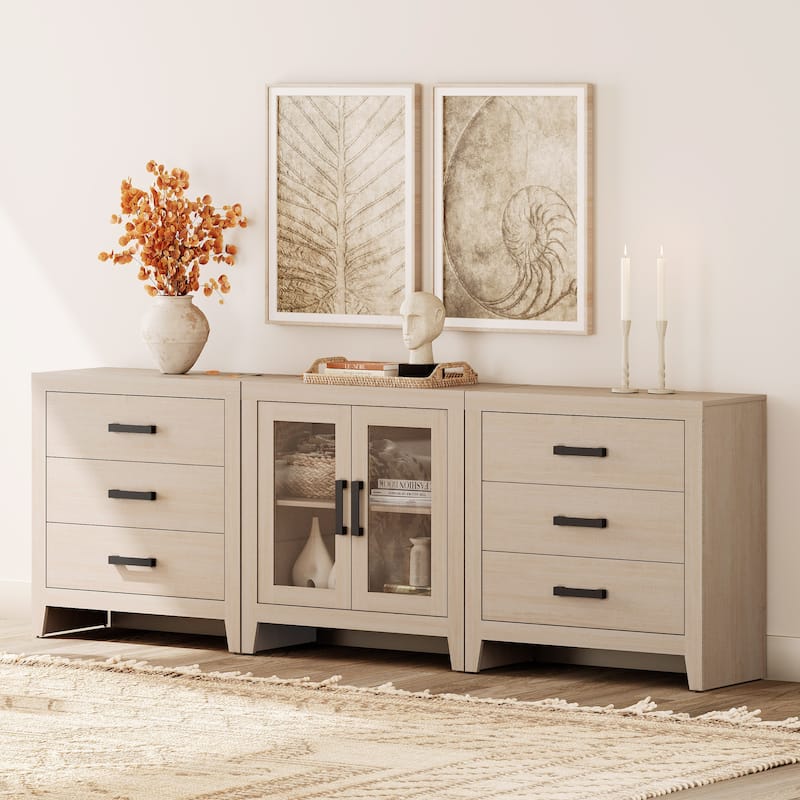 WAMPAT Farmhouse Buffet Cabinet with Glass Doors and Drawers, 3-Piece Modular Sideboard