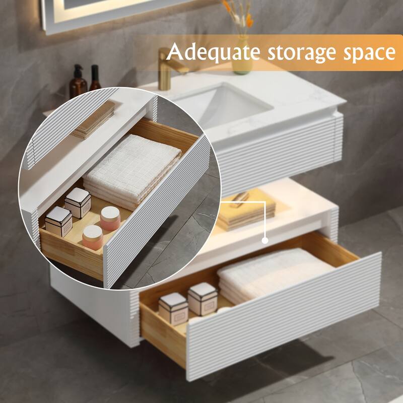 Modland 36''/48'' Floating Bathroom Vanity with ETL-Certified LED Lighting, Soft-Close Drawers & Waterproof, White