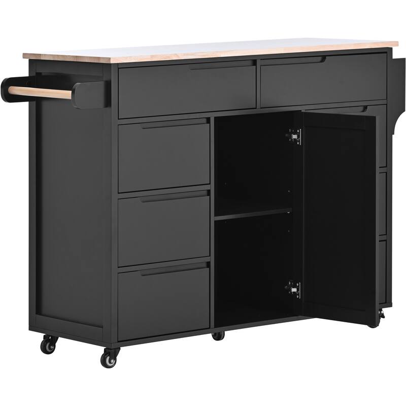 Kitchen Island with 8 Handle-Free Drawers, Rubber Wood Top, Flatware Organizer & 5 Wheels for Storage & Organization
