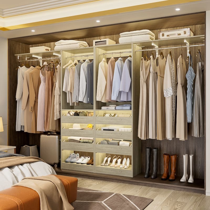 Rackcog 80"-120" W Closet System With 6 Wooden Drawers and 4 Hanging Rods,Sturdy Walk-in Closet Organizer with Storage Shelves