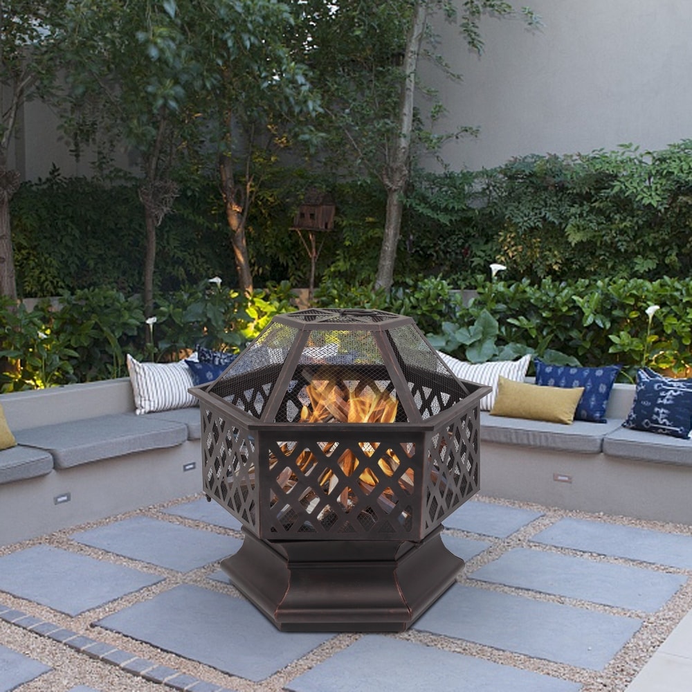 Outdoor Fire Pit With Coffee Pots And Cast Iron Cauldron Stock