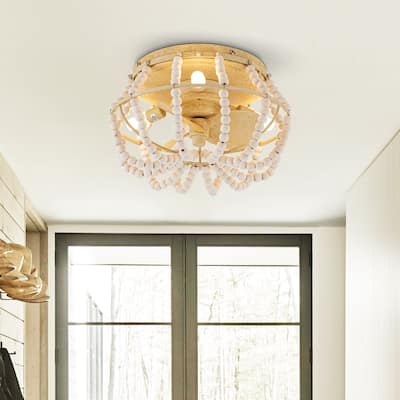 12.5" Farmhouse Wood Beads Small Ceiling Fan with Light and Remote