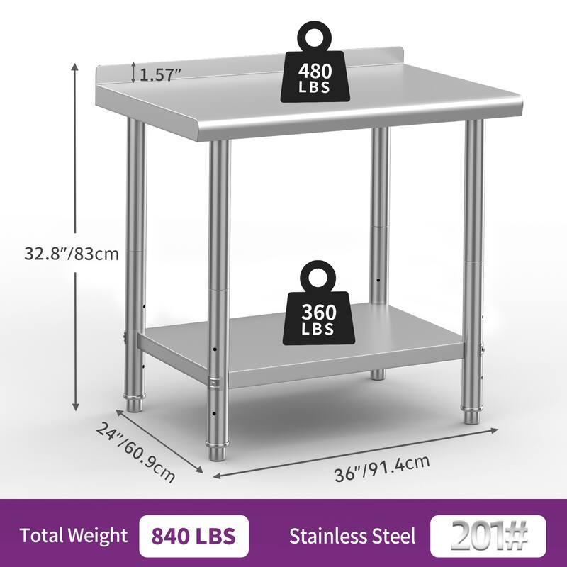 Stainless Steel Table for Prep & Work with Backsplash - 36'' X 24''
