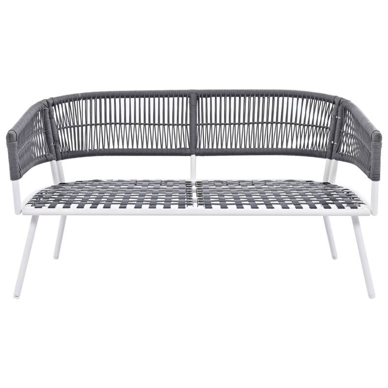 4-Piece Boho Sling Patio Conversation Set Outdoor Seating Set with Gray Cushions and Acacia Wood Coffee Table