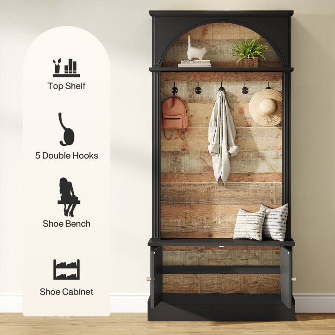 4-In-1 Hall Tree With Shoe Bench and Coat Rack for Entryway, Bedroom