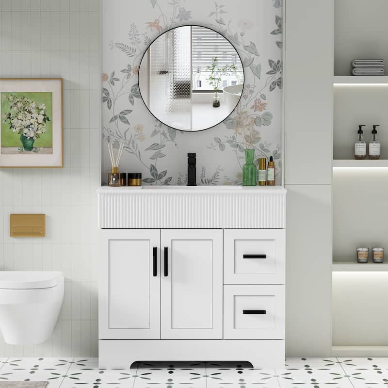 30"/36"/48" Single Bathroom Vanity Set with Drop in Sink Top with Wave Lines - White - 36"
