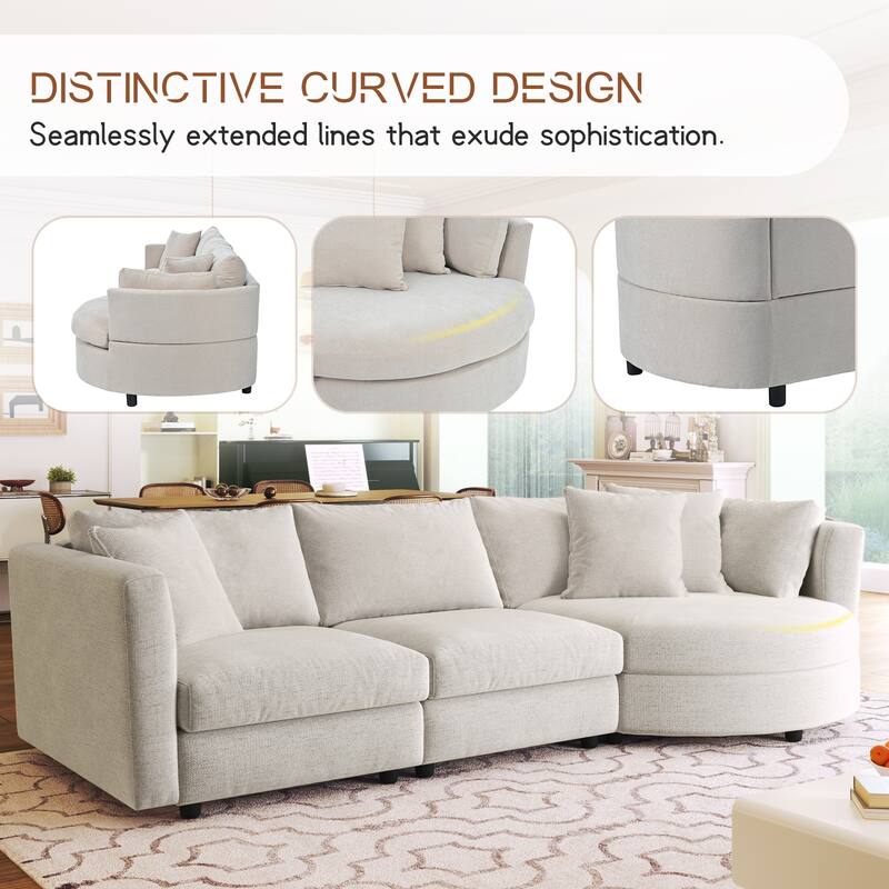 111.4" Polyester Combination Sofa with 3 Pillows, Curved Design and Removable Cushions