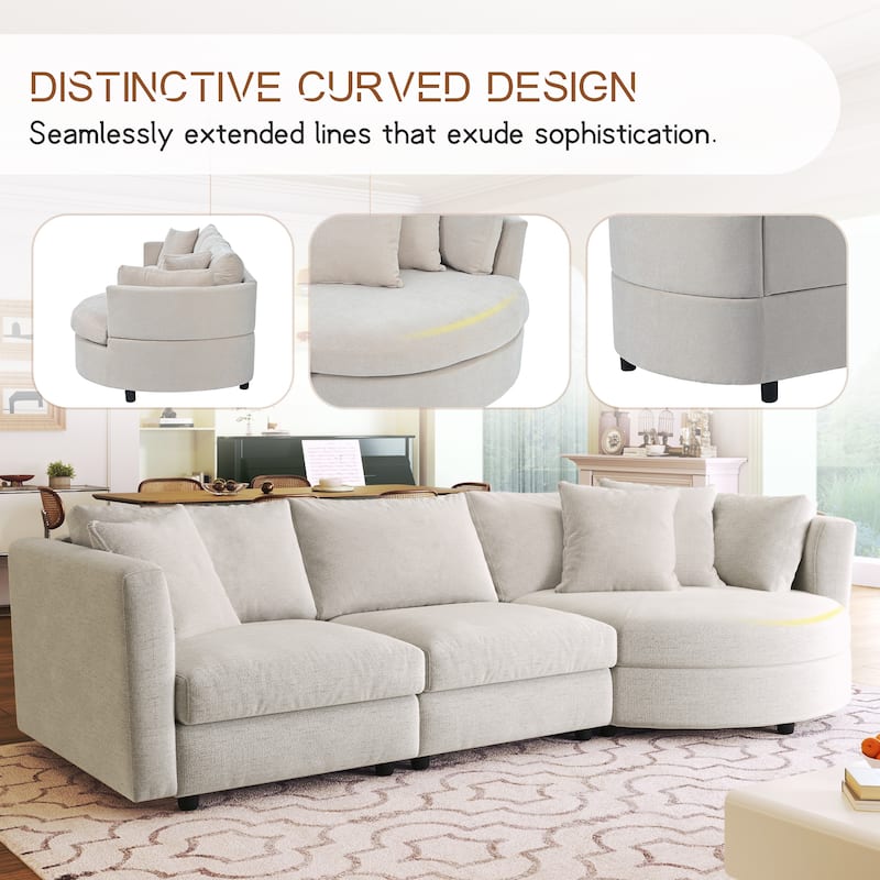 Curved Chenille Fabric Sofa with 3 Pillows, Removable Cushions, Wood Frame for Living Room