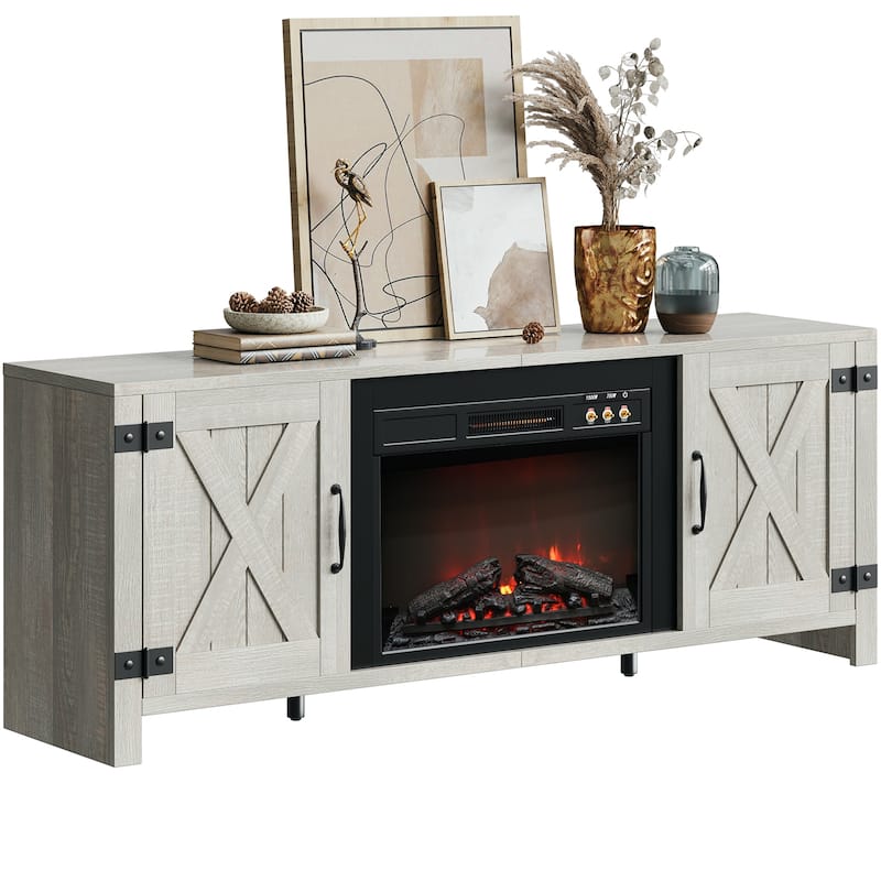 Bestier 63" Fireplace TV Stand for TVs, Farmhouse Barn Door Entertainment Center with Electric Heater, Adjustable Shelves