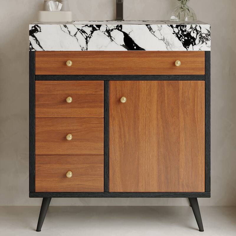 GDFStudio - Bristol Modern 29.9" Freestanding Bathroom Vanity with Sintered Stone Top, Ceramic Sink & Stainless Steel Legs