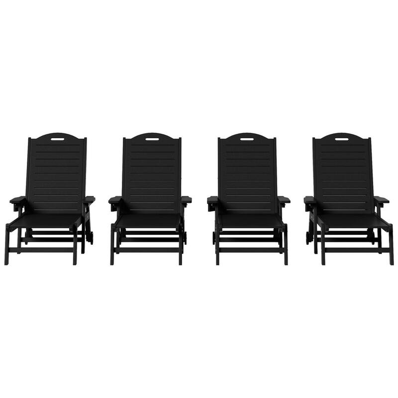 Brighton Outdoor Poly Reclining Chaise Lounge with Wheels & Cup Holder (Set of 4) - Black