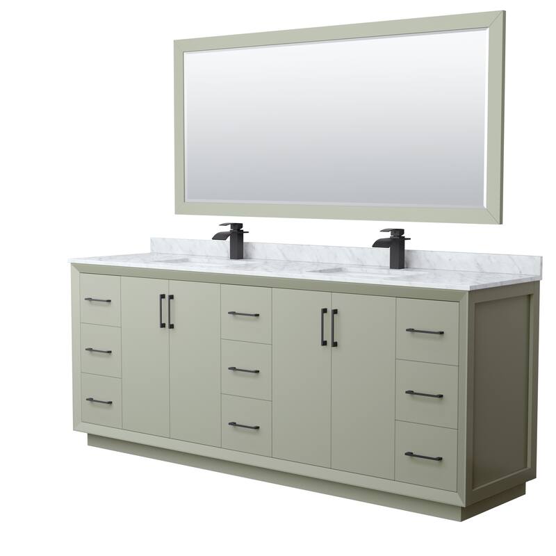 Strada 84-Inch Double Vanity Set, Carrara Marble Top, 70-Inch Mirror - Light Green, Black Trim, Carrara Marble Top