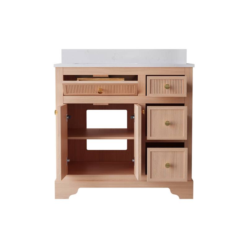 35''H Bath Solid Wood Vanity with Stain-resistant Carrera White Quartz Top And Single Sink