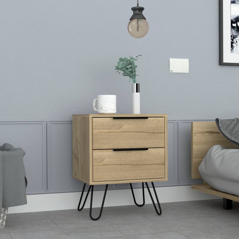 Modern Black Wengue Nightstand, 2 Drawers with Hairpin Legs, Compact and Stylish Design, 13.7"x17.71"x22.44" - Light Oak