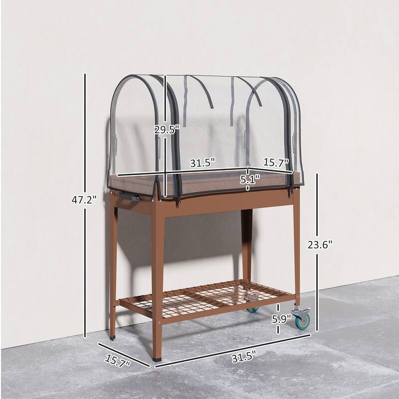 Outsunny Raised Garden Bed with Greenhouse Cover, Large Metal Outdoor Elevated Planter Box with Lockable Wheels