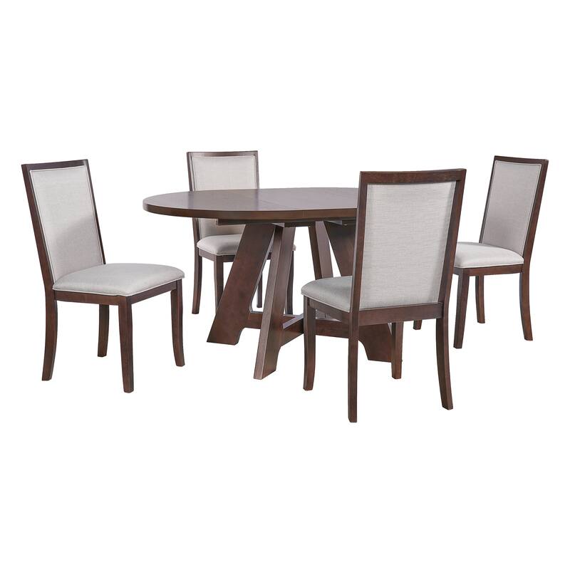Roomfitters 5-Piece Extendable Round Dining Table Set with Removable Leaf and 4 Upholstered Chairs