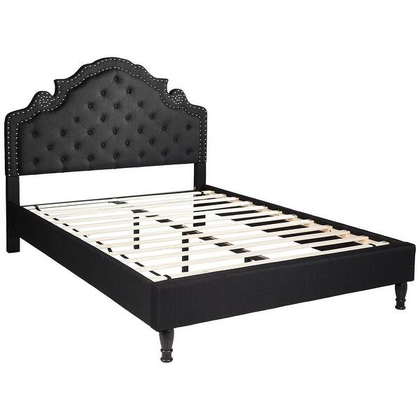 Tall Platform Bed with Cloth Headboard and Slats Queen (Black Linen