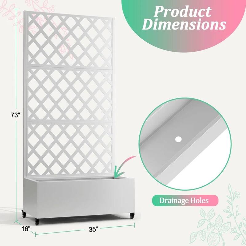 White Metal Raised Garden Bed Planter Box with Trellis Wheels for Indoor Outdoor - 35'' W X 16'' D x 73” H