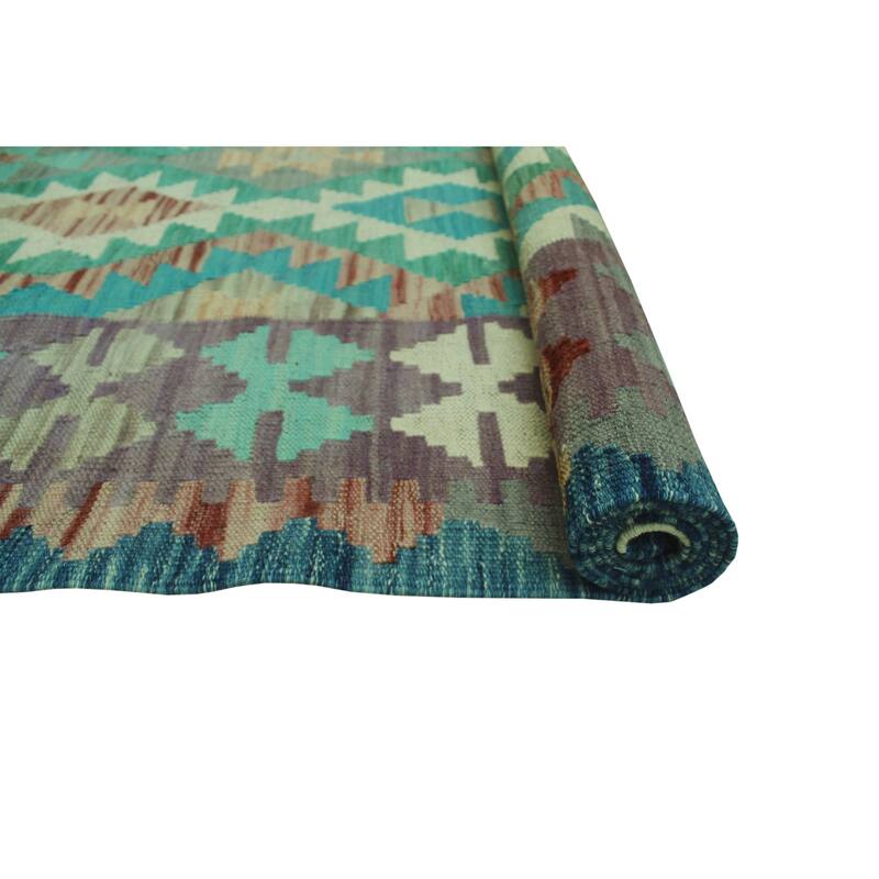 Hand-Woven Sun Faded Kilim Aidana Blue/Green Rug - 3'11" x 5'8"