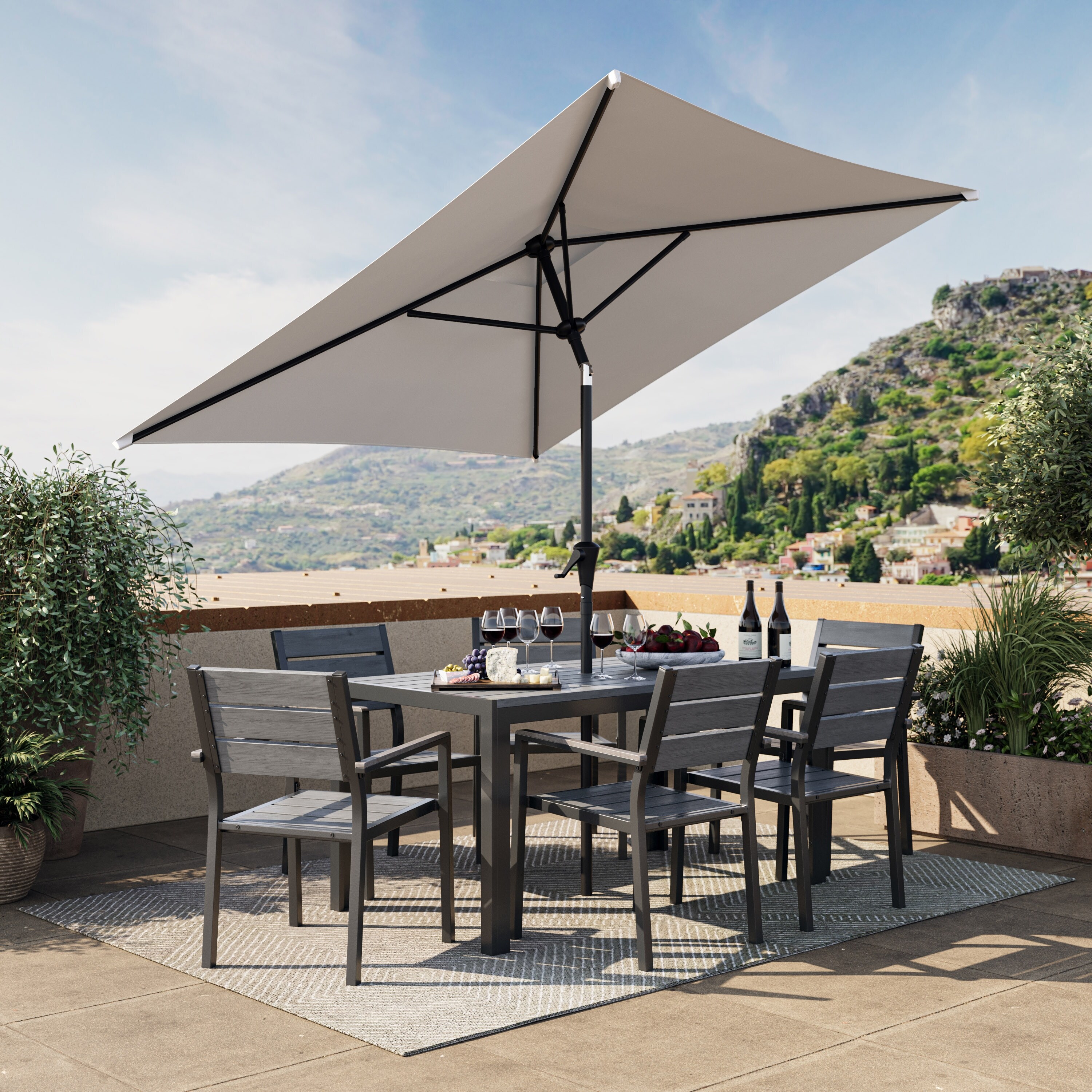 grey patio table umbrella Martino Outdoor Natural Granite and Stainless Steel Base GDFStudio Made from steel 6 powder coated steel ribs 180g polyester fabric canopy Hexagonal canopy shape 18 LED lights Westin Furniture 9806302 108 Inch