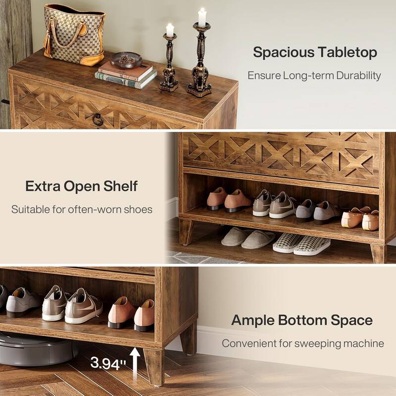 Brown Wood Shoe Cabinet with 2 Flip Drawers, Shoe Storage Organizer for Entryway
