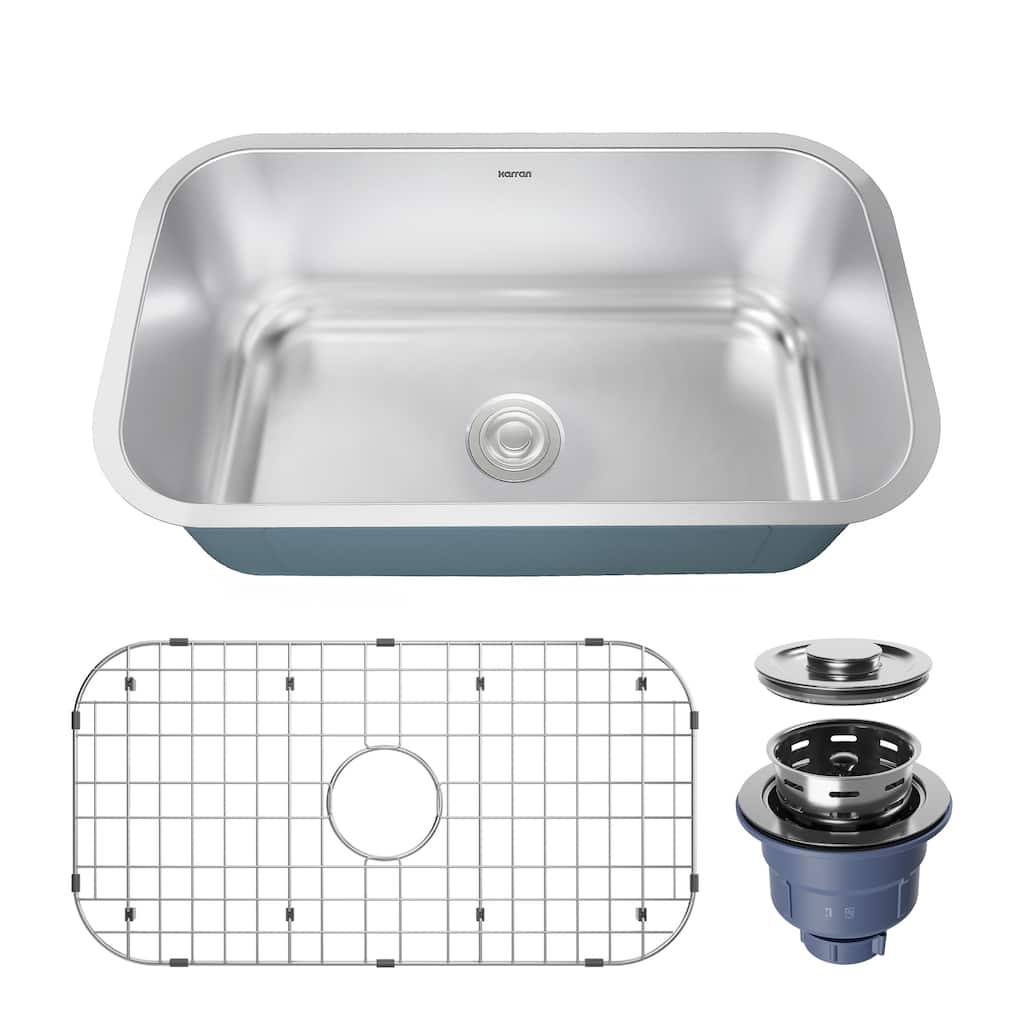 Karran Profile 32” Undermount 18 Gauge Single Bowl Stainless Steel Kitchen Sink with Accessories