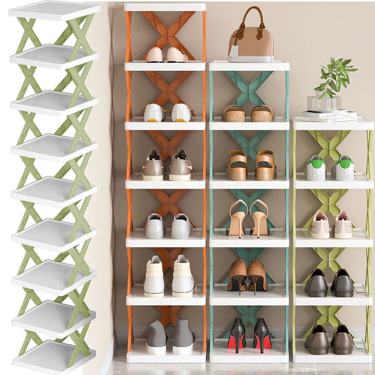 NewHome 9-Tier Shoe Rack Vertical Shoe Organizer Free Standing Storage Shelf in Green