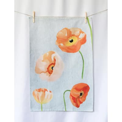 Handmade Peach Poppies on Grey Tea Towel (United Kingdom)