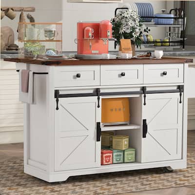 Farmhouse Kitchen Island with Power Outlet, Sliding Barn Doors, Drop Leaf, Spice Rack, and Rolling Wheels