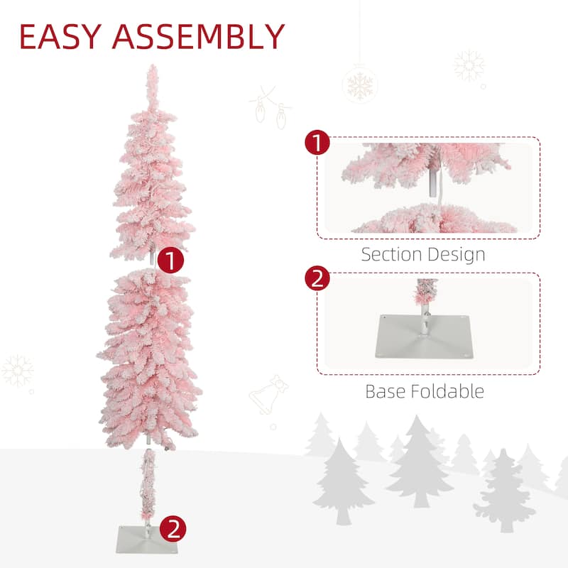 HOMCOM 6ft Tall Pencil Prelit Artificial Christmas Tree Holiday Décor with 703 Snow Flocked Branches, Pink