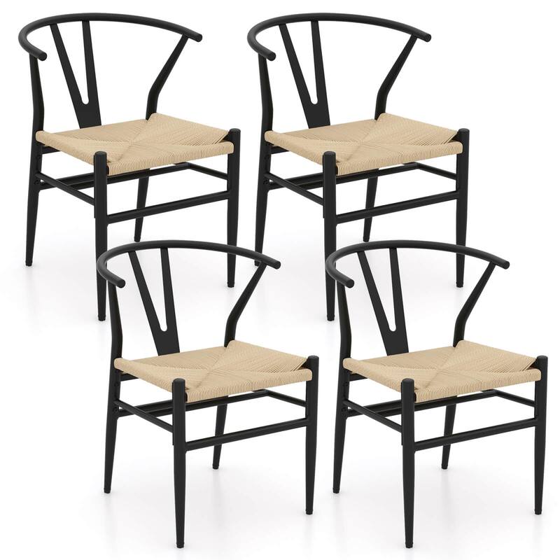 Costway Modern Dining Chair Set of 2/4 Weave Kitchen Armchairs with - See Details - Beige+Black-4 PCS - Set of 4