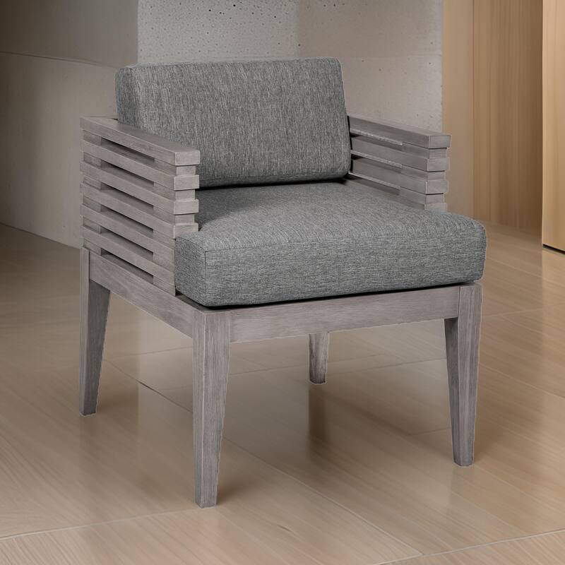 Hida 24 Inch Outdoor Patio Dining Chair, Ridged Gray Wood, Olefin Cushions