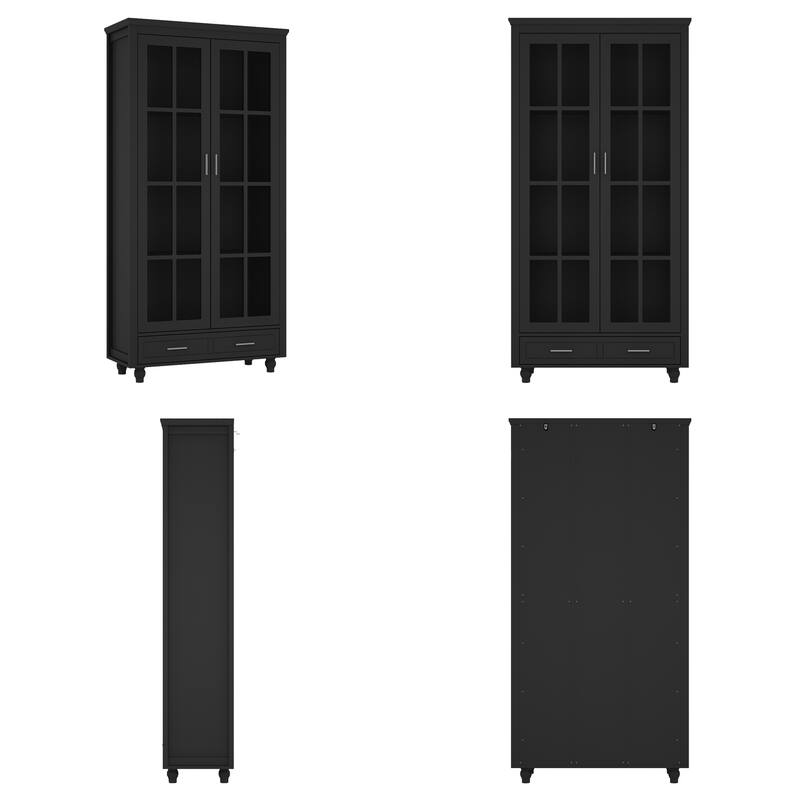 Bookcase Storage Cabinet with Glass Door& Drawer Display Cabinet White