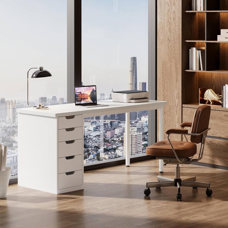Modern Computer Desk with 5 Reversible Drawers, Storage Home Office Desk, PC/Laptop Desk, Study Writing Table Workstation