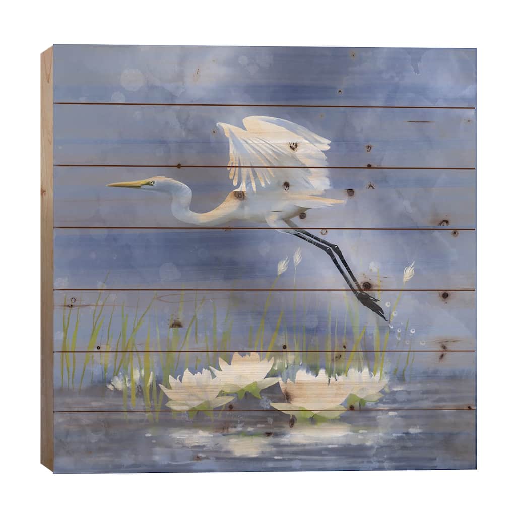 Egret Dawn Flight Print On Wood by Thomas Little - Multi-Color