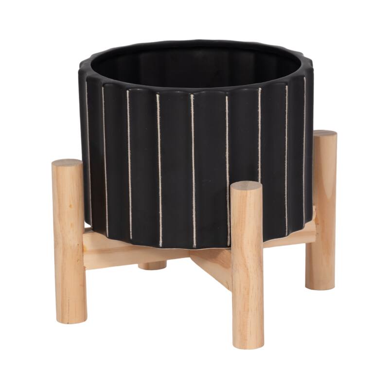 Ceramic Fluted Planter with Wood Stand - Black