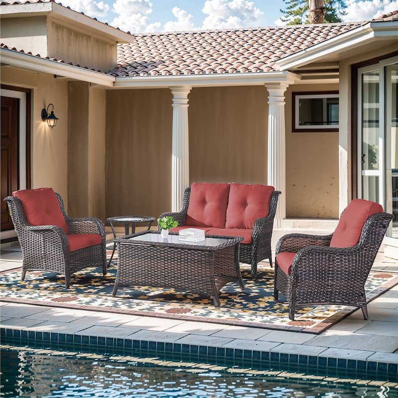 Pocassy 5 Pieces Outdoor Patio 2-Seat Sofa Chairs with Coffee Table - Brown Wicker - Red cushion