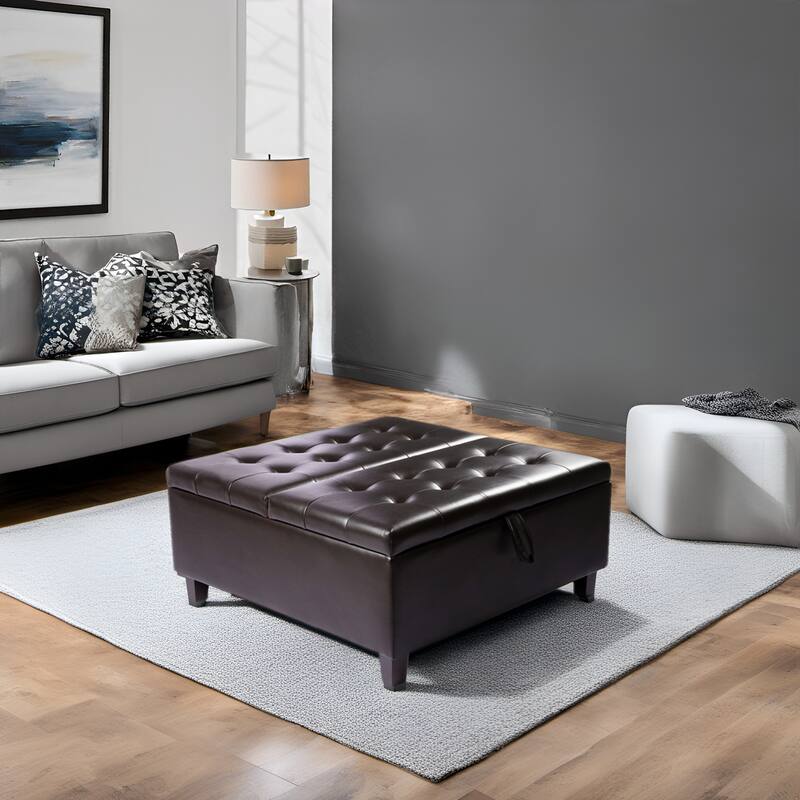 35-Inch Air Leather Tufted Upholstered Lift-Top Ottoman Bench, Large Square Storage Coffee Table for Living Room