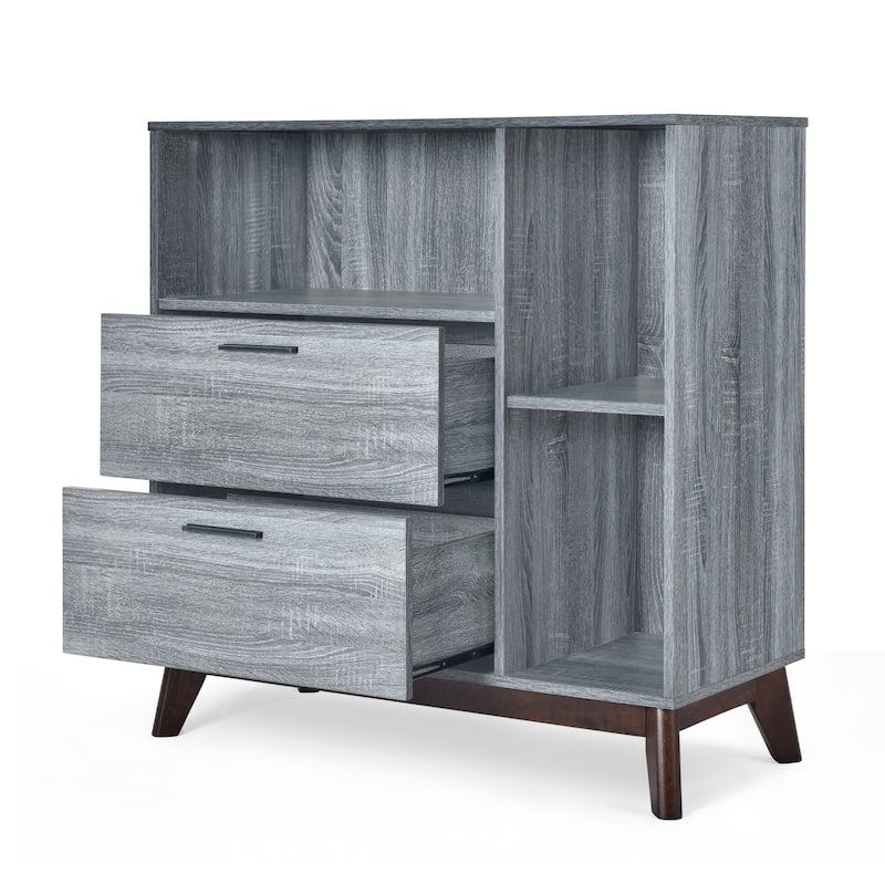 Roomfitters Mid-Century Modern Storage Cabinet with Two Drawers and Open Shelves, Wood Grain Finish