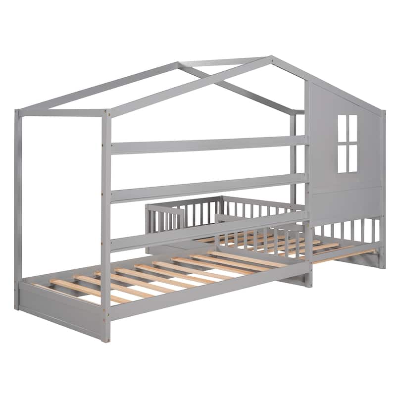 Gray Solid Wood Twin House Bed, Slatted Frame & Fence, Versatile Design
