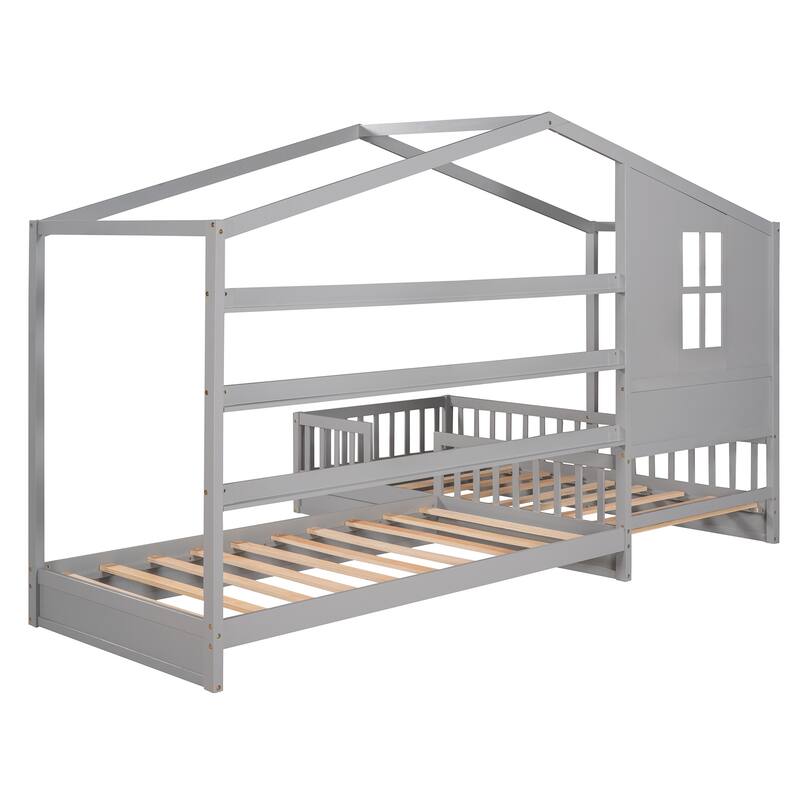 L-Shaped Twin Size Wood Platform Bed Creativity House Bed, 2 Twin Solid Bed with Fence and Slatted Frame
