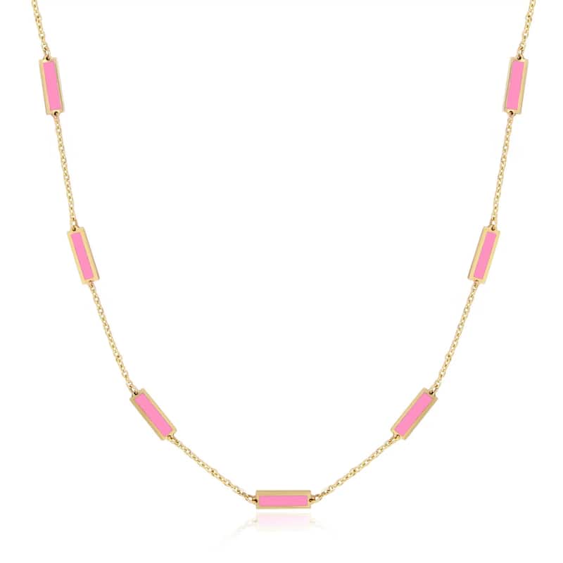 Curata 14k Yellow Gold Italian 18" Inlaid Genuine Gemstone 10X2mm Bar Station Necklace - Pink MOP