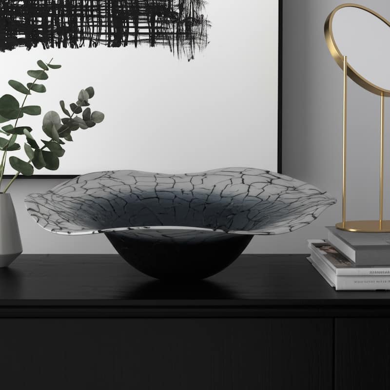 Modern Glass Bowl with Freeform Rim and Cracked Vein Texture - 12" x 12" x 2"