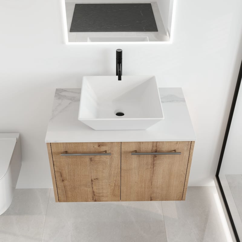 Malwee 24"/30" Floating Bathroom Vanity, Wall Mounted Bathroom Vanity with Ceramic Sink,Soft Close Doors - 29.5"×18.9" - Brown with sink-101