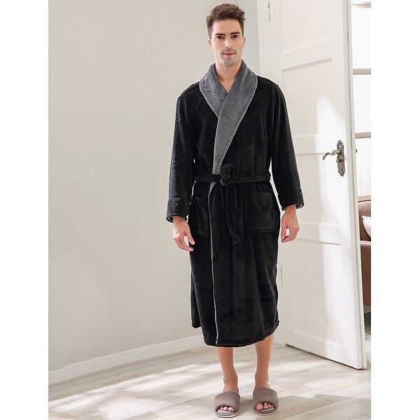 Men Classic Collar Bathrobe Spa Stripe Coral Fleece Kimono Soft Warm Robe